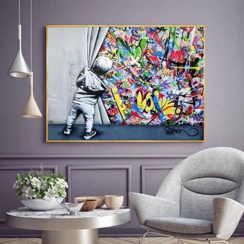 Street Graffiti Art Picture Kids Lover Behind The Curtain Painitng on the Wall Art Posters and Prints Home Decor for Room Wall