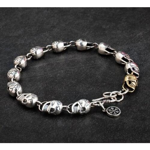 Solid 925 sterling Silver women men Punk Rock Vintage Biker Jewelry retro tide male skull bracelet bangle A4521