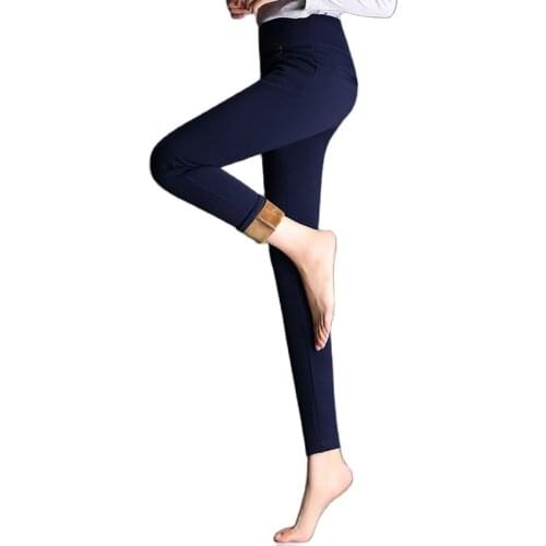 Woman Autumn Plus Size Plus Velvet Solid High Elastic Waist Thicken Pencil Pants Female Winter Bodycon Warm Down Trousers