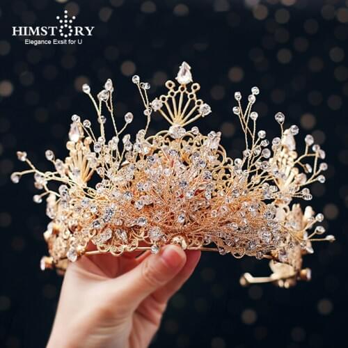 Himstory Royal Luxury Baroque Handmade Gold Branch Crystal Bridal Hairband Tiaras Crown Bride HEadband Wedding Hair Accessories
