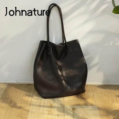 Johnature Simple Shoulder Bags For Women 2020 New Nature Genuine Leather Leisure Handbag Soft Cowhide Solid Color Female Bag