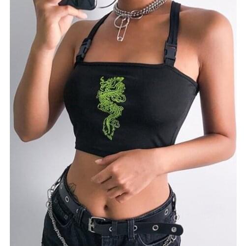 Women Vest Sexy Hot Summer Buckle Vest Boob Tube Crop Top Bralet Sheer Dragon Embroidery Stylish Cami Tank Top Fashion New
