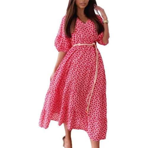 Ladies V-neck Elegant Casual Dress Loose Printed Puff Sleeve Summer Mid-calf Small Plaid Pattern Dresses for Women 2021