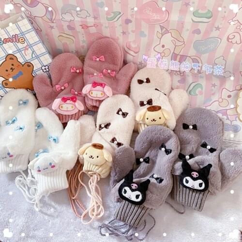 2021 HOT Winter Japanese Mori Girl Kawaii Cartoon Girl Cute Princess Lolita Pearl Bow Thicken Warm Plus Fleece Gloves Student