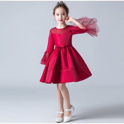 Satin Chinese Girl Wedding Dress Red Long Children Princess Gown Evening Thick Party Dresses China Costume cheongsam modern