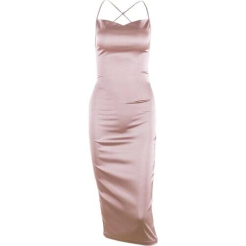 Women Sexy Sleeveless Halter Bodycon Satin Midi Long Dress Criss-Cross Bandage Backless Empire Waist Cocktail Clubwear