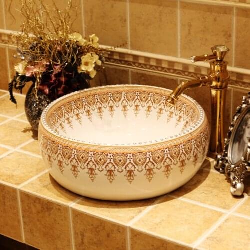 Europe Vintage Style round shaped ceramics vanity basin Art Countertop bathroom sinks wash basin