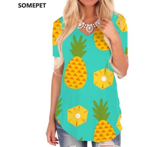 SOMEPET Pineapple T-shirt women Fruit V-neck Tshirt Harajuku Tshirts Printed Lovely Funny T shirts Womens Clothing Summer