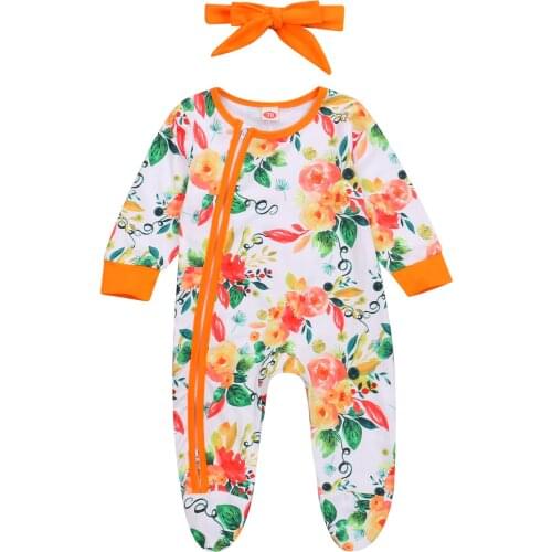 2021 New Newborn Baby Girl Fall Outfit Cute Long Sleeve Floral Print Zip Footed Romper Headband 2Pcs Clothes Set