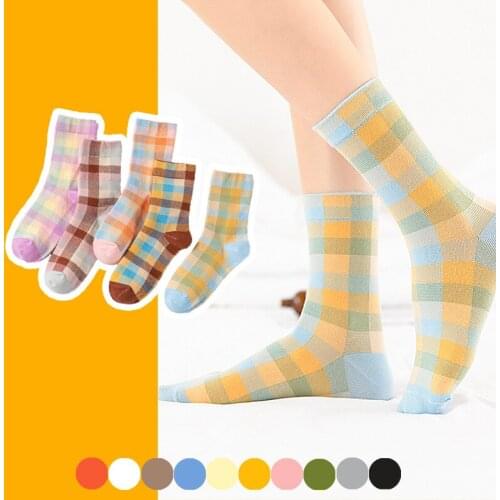 Brown Crew Street Fashion Block Socks Gradient Gradual Change Mosaic Lattice Checked Medium Tube Mesh Red Women Autumn Art Ins