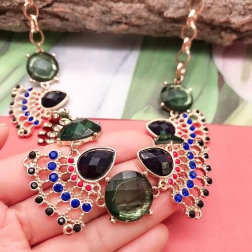 Colorful Fan Teardrop Shape Charm Pendant Collar Choker Necklace Green Faceted Party Jewelry