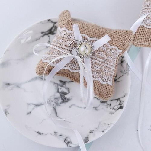 Lace Bow Ring Pillow Wedding Vintage Burlap Jute Cushion Valentines Day Gift