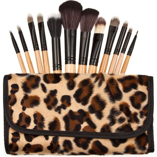 Fashion 12pcs/set Powder Makeup Wood Brush with Leopard Storage Bag