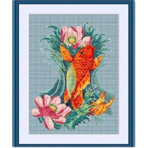 Carp and flowers cross stitch package fish cartoon aida 14ct 11ct blue cloth kit embroider DIY handmade needlework