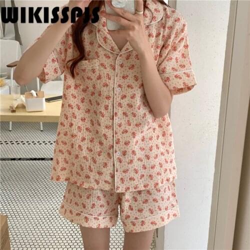 2021 Summer New Simple and Comfortable Pajamas Suit Floral Short Sleeve Shorts Home Wear Casual Wear Womens Pajamas Sleep Top