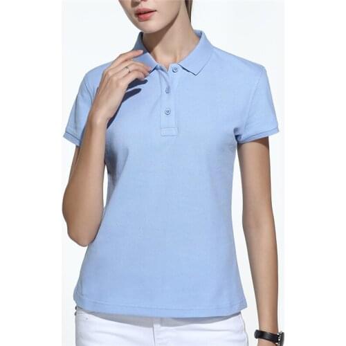 Solid Color Cotton Summer Women T-Short-Sleeved Polo Shirt Ladies Turndown Collar Tees Business Work Commute Tops Wholesale 210g