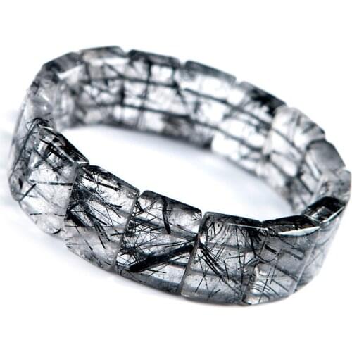 Genuine Brazil Natural Black Rutilated Quartz Crystal Rectangle Bead Stretch Bangle Bracelets For Women Men 18*7mm