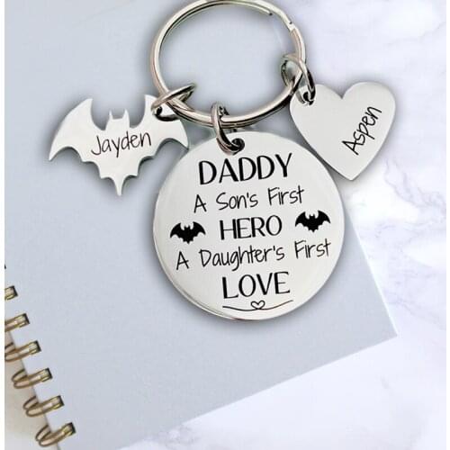 Custom 2 Names Dad Gift Keychain Birthday Gift Holiday Gift Personality Carving Daddy A Sons First Hero,A Daughters First Love