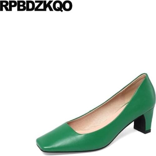 Work Beige Formal Size 33 Vintage Pumps Genuine Leather Square Toe Medium Heels Green High Shoes Brown 2021 Women Thick Office