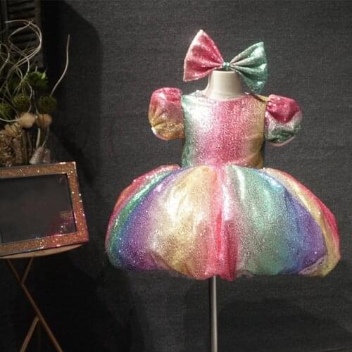 Rainbow Sequins Flower Girls Dresses Knee Length Kids Birthday Party Gowns Pageant Dresses Kids Clothes Special Occasion