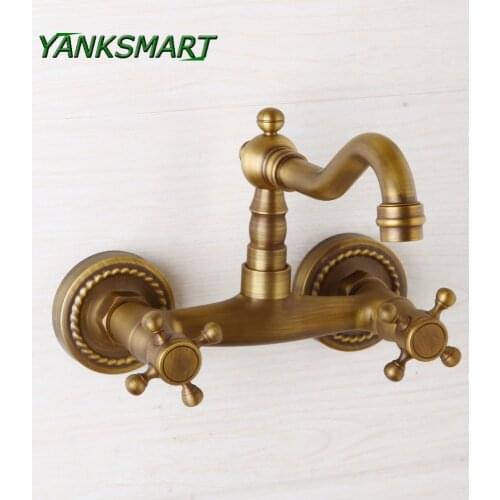 YANKSMART Roman Retro Brass Faucets 2 Cross Handles Hot And Cold Bathroom Faucet wall Mounted basin Brass Sink Mixer Tap