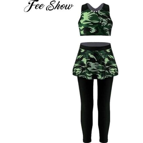 2Pcs Kids Girls Camouflage Print Sport Suit Set Halter Neck Crop Tops and Pants with Skirt Hem for Gym Yoga Dance Workout Outfit