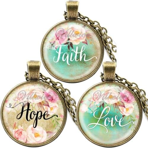 Faith,Hope,Love 3 Pcs/Lot Vintage Bible Verses Necklace Glass Cabochon Pendant Necklaces Christian Jewelry Party Faith Gifts