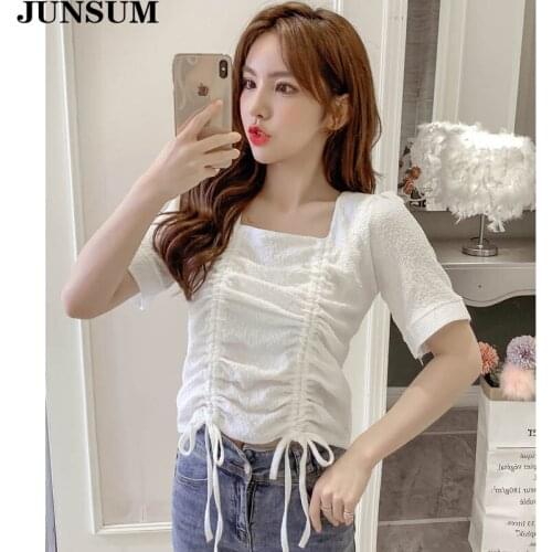 2020 Summer Square Collar Chiffon Shirt Women Fashion Drawstring Ruffle Short Sleeve Shirts Woman Korean White Elegant Blouses