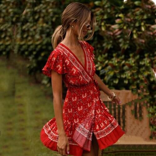 Women Summer Flower Print Boho Short Mini Dress Ladies Cocktail Party Beach Sundress Clubwear Casual Bodycon Holiday For Female