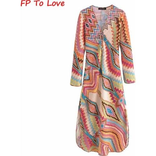 FP TO LOVE Za Woman Vintage Rainbow Longsleeves Dress V-Neck Lace 2021Summer Spring Autumn Bohemia Long Dress