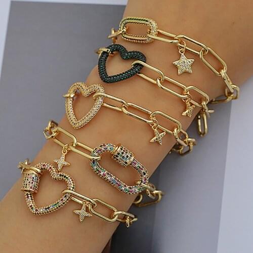 ZHINI Bohemian Exaggeration Punk Gold Color Chain Bracelets for Women Personality Color Crystal Heart Pendant Bangle Bracelet