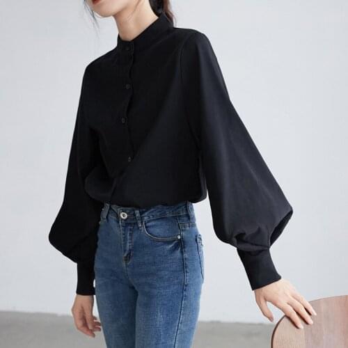 Blusas mujer de moda 2019 ladies tops black long sleeve shirts for women tops button Stand Puff Sleeve solid OL Stand 0249