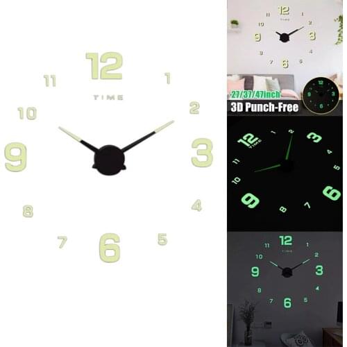 DIY 3D Punch-Free Wall Clock Silent Quartz Luminous Decor Sticker Wall Night Clocks