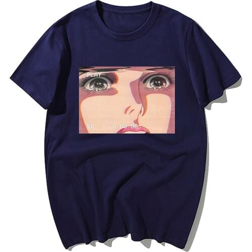 Sad Retro Anime Crying Eyes Vaporwave Printed T Shirt Men Summer Fashion Cotton Short Sleeve Hip Hop Tops Tshirt