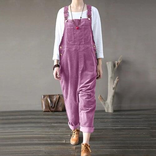 2021New Style Corduroy Jumpsuit Women Casual Solid Pocket Romper Long Playsuit Strap Button Loose Rompers Loose Casual Jumpsuits