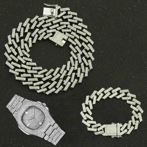 Hip Hop 15MM 3pcs Kit Iced Out Crystal Cuban Prong Chain Rhinestone Zircon Mens Necklace+Watch+Bracelet For Men Women Jewelry