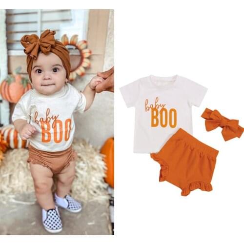 Summer Baby Girls Clothes Set Short Sleeve Letter Print T shirt Tops Ruffle Shorts Headband Set 3pcs Babys Sets