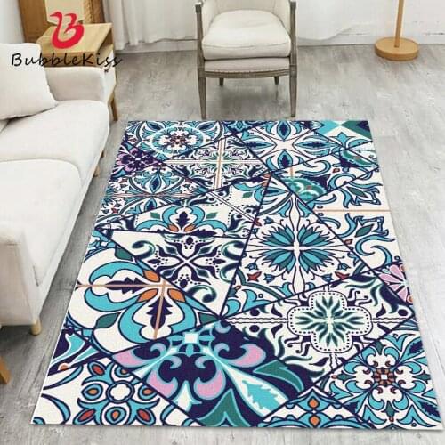 Bubble Kiss Ethnic Style Blue Geometric Pattern Carpet Non-Slip Home Bedroom Decor Area Rug Thickened Bedside Floor Mat 2021