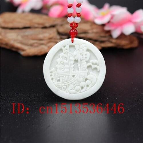 Natural White Jade Carved Smooth sailing Pendant Chinese Necklace Jewellery Fashion Amulet Luck Gifts Man Women Free rope