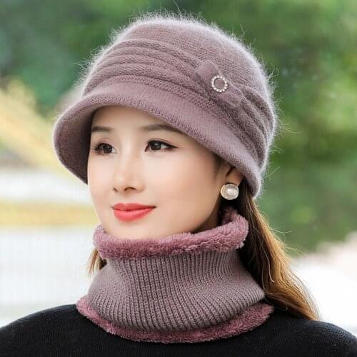 New Women Winter Hat Keep Warm Cap With Brim Add Fur Lined Hat & Scarf Warm Set Hats For Women Rabbit Fur Winter Bucket Hat