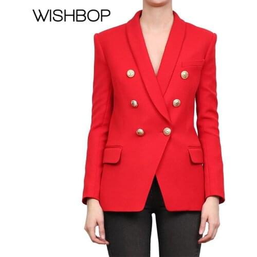 2018 Newest Red/Black/White/Khaki Double-breasted Blazer With Tonal Peaked Lapels & Gold Color Metal Buttons Front Flap Pockets