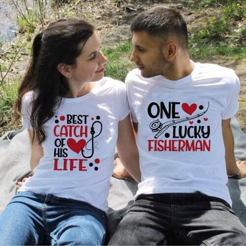 One Lucky Fisherman Best Catch of His Life Print Couple T Shirts for Men Women Funny Tee Shirts Valentine Gift Graphic T-Shirt