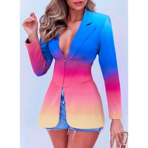 Casual Hit Color Blazer Coats for Women Notched Long Sleeve Zipper Jacket 2021 Autumn Female Fashion New Clothes Style