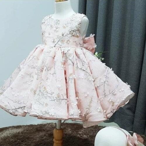Pink Lace Flowers Baby Girls Dress Princess first 1st Year Birthday Dress Christmas Prom New Year Photography