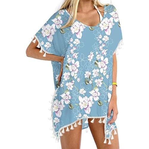 Women Bikini Cover-Ups Tassels Chiffon Print Mini Dress Summer Beach Bathing Swimsuit Baggy Tunic Tops Loose Swimwear Cover Up