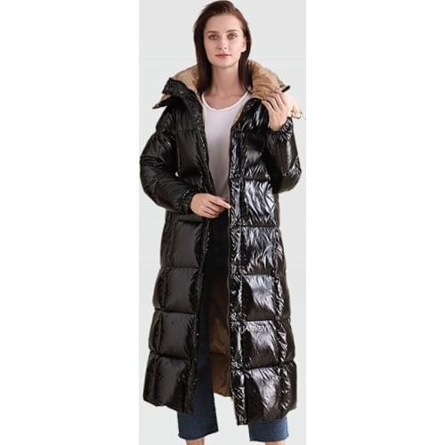2021 New Trend Neutral Casual Super Thick Warm 90 White Duck Down Jacket Women Wash Free Over The Knee Black Glossy Puffer Coat