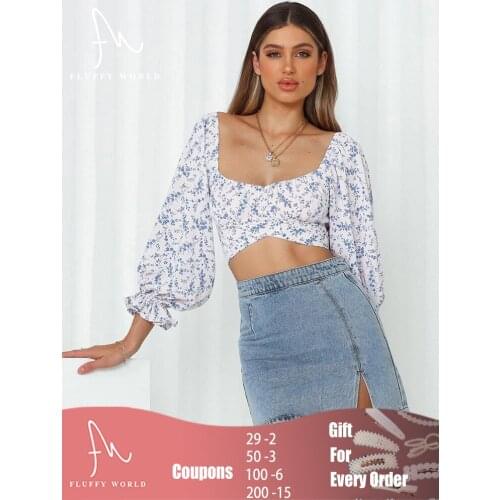 Women Floral Print Blouses Shirts Square Collar Puff Sleeve Elegant Vintage Sexy Shirt Tops Chic Bow Tied Beach Crop Top Summer