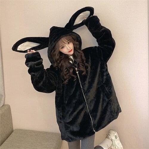 Womens Winter Warm White Bunny Ear Hoodie Coat Oversize Loose Lovely Rabbit Ears Hooded Jacket Streetwear Girls Parkas Outwear