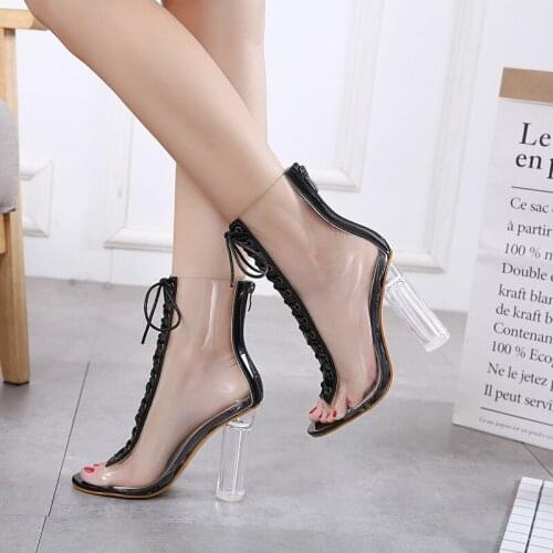 Woman Sandal New Design Thick Heel Transparent Lace Up Roman Zipper High Heel Sandals Womens Black Chunky Heel Free Ship
