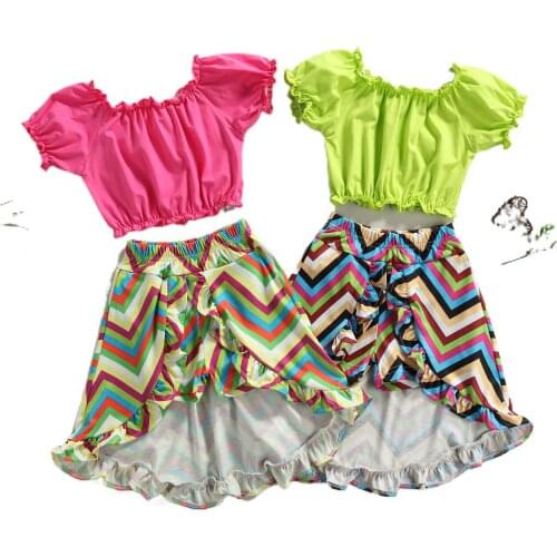 1-6 Years Summer Casual Sets Baby Girls Clothes Set Solid Color Short Puff Sleeve Cropped Tops + Printed Irregular Hem Skirt